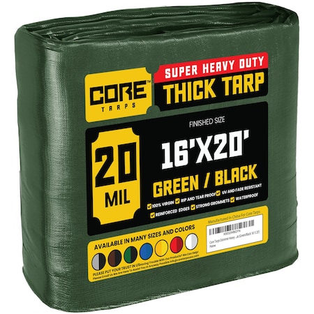 Core Tarps Heavy Duty Tarp, 20 ft L x 0.5 mm H x 16 ft W, 20 Mil, Green/Black, Polyethylene CT-703-16X20